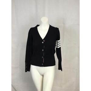 [316] Sweater Cardigan Womens Small Black Striped V Neck Button Knit Casual Fall